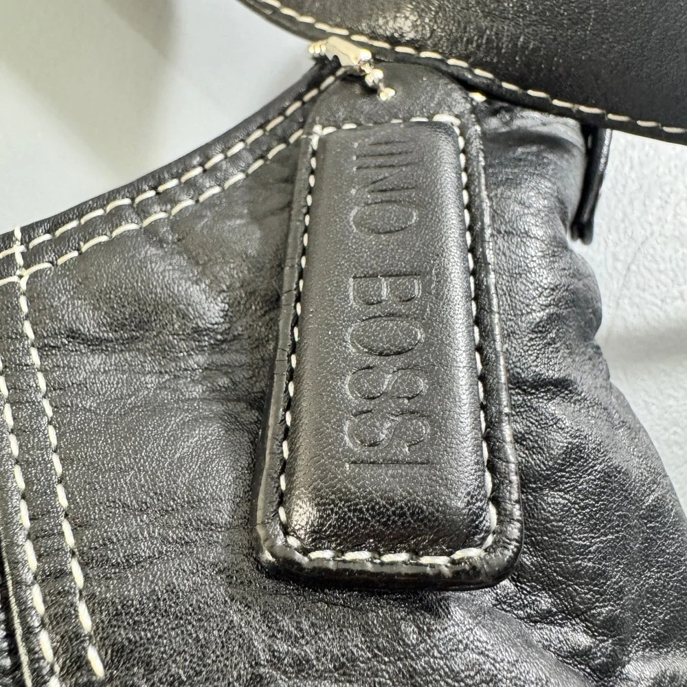 Nino Bossi Black Leather Hobo Crossbody Bag Contrast Stitch Silver Hardware